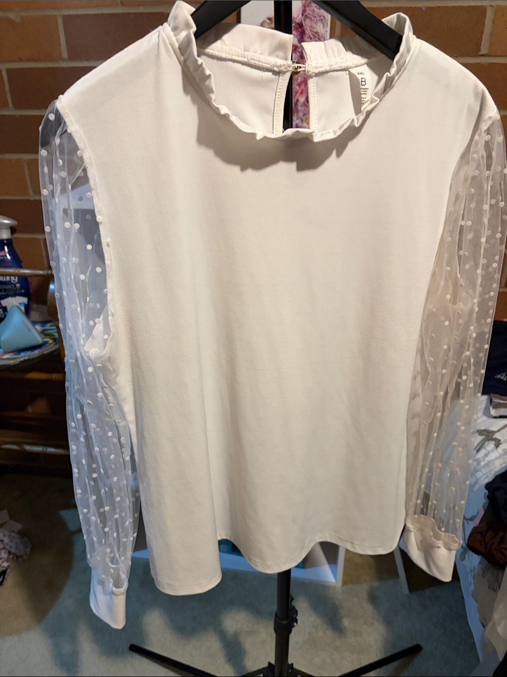 Amazon White Ruffle Mock Neck Blouse with Sheer Polka Dot Sleeves
